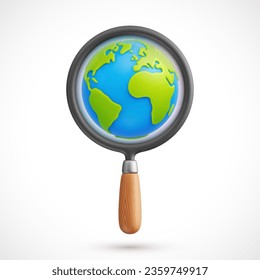 Cartoon magnifying glass with planet Earth 3d vector icon. Research the planet. Exploring the world and global search concept. Vector illustration