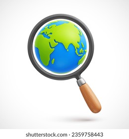 Cartoon magnifying glass with planet Earth 3d vector icon. Research the planet. Exploring the world and global search concept. Vector illustration