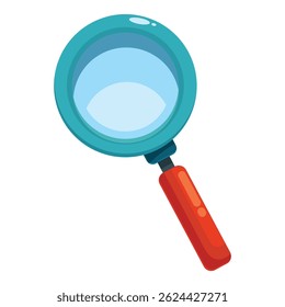 Cartoon magnifying glass with a red handle and a blue frame is ready to magnify