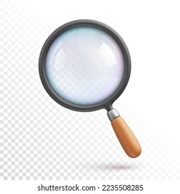 Cartoon magnifying glass with wooden handle and reflection on lens. 3d vector icon on transparent background