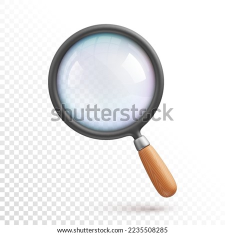 Cartoon magnifying glass with wooden handle and reflection on lens. 3d vector icon on transparent background Foto stock © 