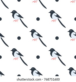 Cartoon magpie seamless pattern with dots. Black and white bird with rosy paws and long tail endless texture. Vector illustration of wildlife flying character, wallpaper wrapping paper design