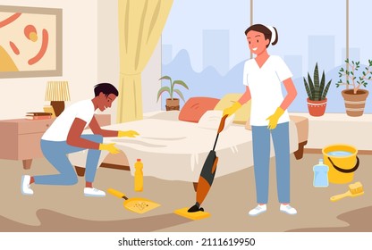 Cartoon maid holding vacuum cleaner, man and woman in gloves clean floor of bedroom background. Cleaning service, complex cleanup and housework by team of professional workers vector illustration