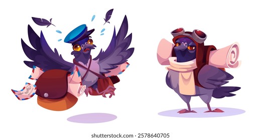 Cartoon mail carrier pigeon characters - flying with postal bag and letters, standing with paper scroll and pilot goggles. Grey bird mascots in vintage messenger outfit for delivery service branding.