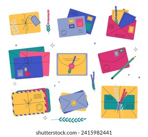 Cartoon mail envelopes. Letter with post stamps, wax seals and flowers. Isolated bright paper cards for correspondence. Delivery service concept vector. Old-fashioned writing with plants