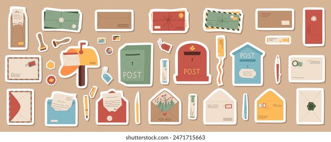 Cartoon mail, letter and mailbox sticker pack, trendy greeting open envelop label set, isolated paper postcard and stamps badge template, flat craft postal box and stationery patch design collection