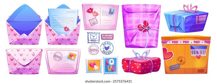 Cartoon mail set of love themed postal items - pink envelopes with hearts pattern, sealed letters, romantic stamps, wrapped gifts, carton parcel box with post stickers for Valentine message delivery.