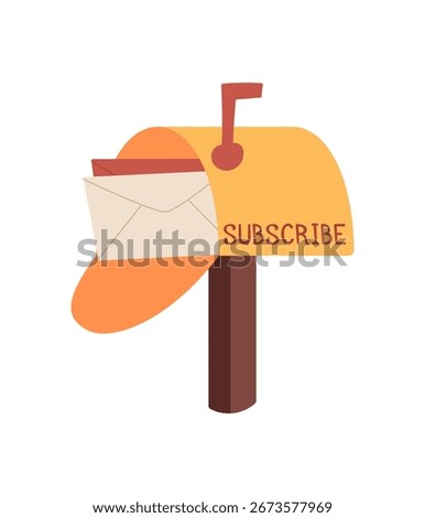 Cartoon mailbox with envelope and letter, delivering message to subscribe. Concept of mail, communication, and delivery, flat style, suitable for marketing or online content.