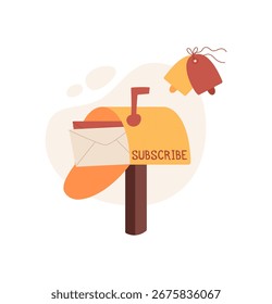 Cartoon mailbox with an envelope and message for subscribing. Flat design with creative touch, ideal for communication, correspondence, and digital marketing themes.