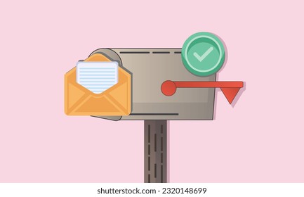 Cartoon Mailbox with letter in envelope and check mark. Confirmed message with tick. Newsletter concept. Sent mail or email.