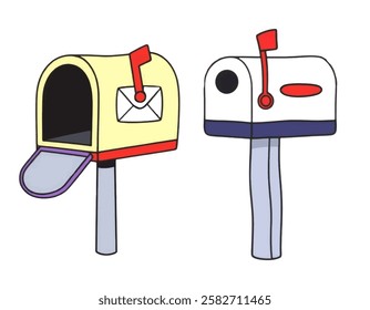 A cartoon mailbox with a red flag and metal post, designed in vibrant colors. Perfect for everyday objects sticker bundles.