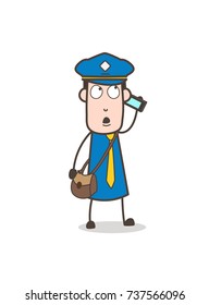 Cartoon Mailman Communicating with Client on Mobile
