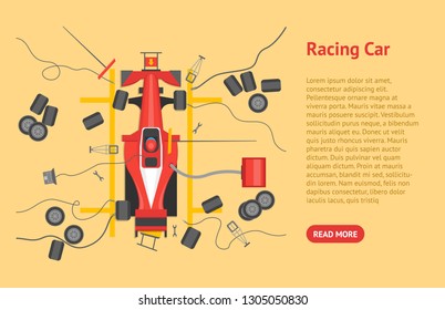 Cartoon Maintenance Racing Car Card Poster Top View Change Tire and Repair Concept Element Flat Design Style. Vector illustration