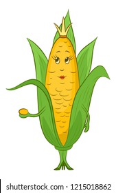 Cartoon Maize Corn, Character Queen with a Golden Crown on Her Head, Isolated on White Background. Vector