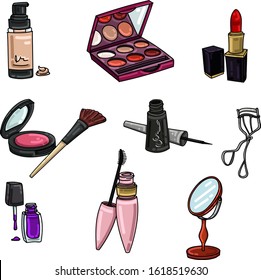 Colección de maquillaje de caricaturas. Fundación, paleta Eyeshadow, labios, rubor, eyeliner, rizo de ceniza, esmalte de uñas, mascara, espejo. 