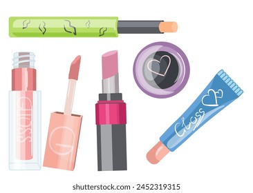 Conjunto de cosméticos de maquillaje de dibujos animados con paquetes de lápiz labial, corrector, sombra de ojos líquida, brillo de labios