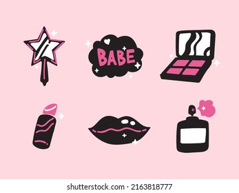 Cartoon MakeUp Graphics, Beauty Services Illustration Icon Set. Mirror, Shadows, Lipstick, Blush, Powder. Suitable for Small Businesses, Cosmetic Stores, Salons And Spa's.