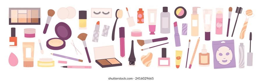 Cartoon makeup tools. Decorative cosmetics and brushes. Female daily skin care accessories. Isolated doodle lip gloss, eye shadow and pencil, racy vector clipart