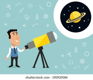 Cartoon male astronomer observes jupiter in telescope print with space elements on background vector illustration