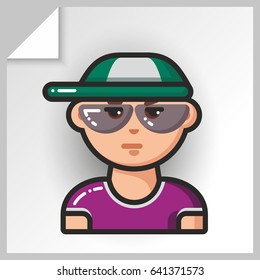 Cartoon male avatars- face icons. Vector Isolated flat colorful illustration. The boy is benchmark in a baseball cap and glasses.