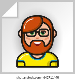 Cartoon male avatars- face icons. Vector Isolated flat colorful illustration. Guy hipster with a red hairdo and a beard with glasses.