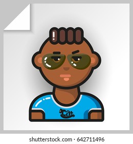 Cartoon male avatars- face icons. Vector Isolated flat colorful illustration. Guy is in a blue t-shirt with a cat with glasses.