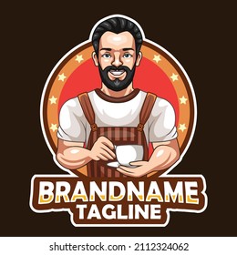 Cartoon male barista holding coffee mug