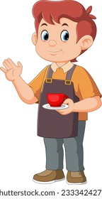 Cartoon male barista or waiter , handsome caucasian man character in uniform, restaurant or coffee shop staff of illustration