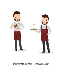 Cartoon male barista or waiter, two handsome caucasian man characters in uniform, restaurant or coffee shop workers,isolated on white,flat vector illustration