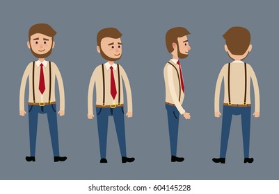 Cartoon male bearded character in jeans with suspenders, red tie and shirt isolated on dark blue background. Man stands in full face, in profile, by half and back. Vector illustration of human model.