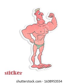 A cartoon male bodybuilder stands in beach swimming trunks and shows his biceps. Vector illustration in the form of a retro sticker.