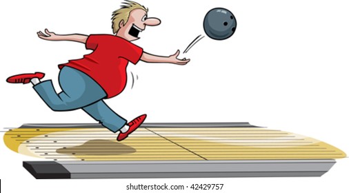 A cartoon male bowler throwing ball down lane. Layered vector file.