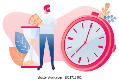 Cartoon Male Businessman Hold Cash Money in Hand, Look at Clock Stopwatch Watch Symbol Vector Illustration. Man Worker Payment Employee Salary. Working Hour Productivity Management