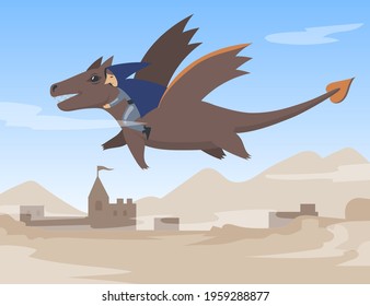 Cartoon male character in cape flying on dragon. Flat vector illustration. Fairy human personage flying over ancient city, hugging huge winged dragon. Computer game, fantasy, fairytale, elf concept