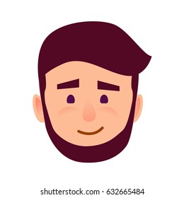 Cartoon male character with casual face expression. Man with small smile and easily frown thick eyebrows isolated on white background. Facial manifestation of human emotions vector illustration.