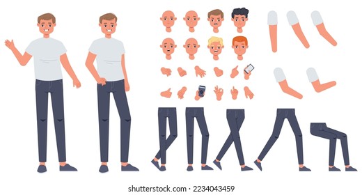 Cartoon male character constructor. Flat animated person, various poses of hands, legs, emotional faces with diverse hairstyle. Snugly hipster vector man