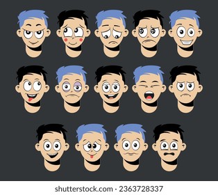 Cartoon male character with different face emotions vector