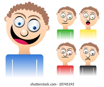 A cartoon male character is displaying mixed emotions from happiness, sadness, anger, curiosity and shock.
