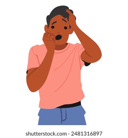 Cartoon Male Character Displaying A Shocked And Scared Expression. Black Man In Pink T-shirt Holding His Head And Covering Mouth, Conveying Feelings Of Surprise Or Fear. Vector Illustration