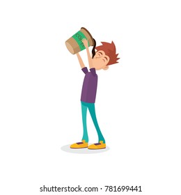 Cartoon male character drinking oversized cup of black coffee. Man with coffeemania. Caffeine addiction. Bad habit concept. Isolated flat vector illustration svg