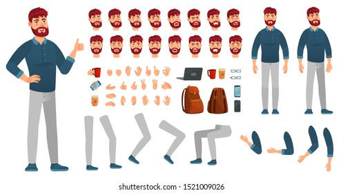Cartoon male character kit. Man in casual clothing, different hands, legs poses and facial emotion. Characters constructor, hipster or creative businessman guy poses. Isolated vector icons set