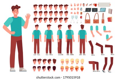 Cartoon male character kit. Man animation body parts, guy in casual clothes. Boy constructor with hand gestures and various heads vector set. Character person body, emotion and haircut illustration