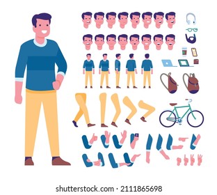 Cartoon male character kit. Man in casual clothes. Human constructor. Guy creating. Face expressions and gestures. Different views. Bicycle and backpack. Vector body