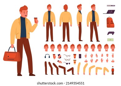 Cartoon male character kit. Man different positions generator, urban style, takeaway coffee and bag, individual body parts different angles view and accessories, various emotions vector set