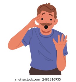 Cartoon Male Character Looking Shocked And Surprised. Man Is Wearing A Blue Shirt And Has A Mustache, Expressing Emotions With Hand Gestures. Vector Concepts Of Surprise, Shock, And Human Reactions