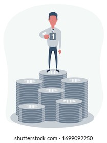 Cartoon male character with a mug of coffee on the top of a pile of money. Vector illustration.