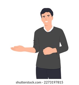 Cartoon male character with open arms to present, show products. Friendly business man, welcome, greeting. Happy man standing inviting for advertising. Flat vector