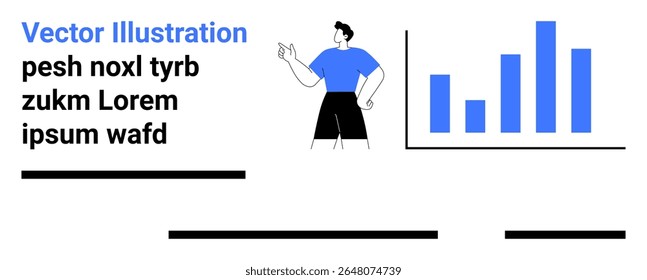 Cartoon male character pointing at a bar chart with four ascending blue bars. Ideal for business reports, data analysis, presentations, infographics, educational materials, marketing strategies