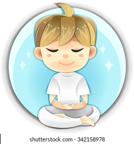 Cartoon male character is sitting meditate for concentration and healthy peaceful mind in white clothes uniform in isolated background. Meditation is the best relaxation anti-aging indoor activity. 