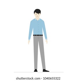 Cartoon male character. Smiling man in t-shirt, pants and shoes. For template, banner and advertising. Simple design. Flat style vector illustration.